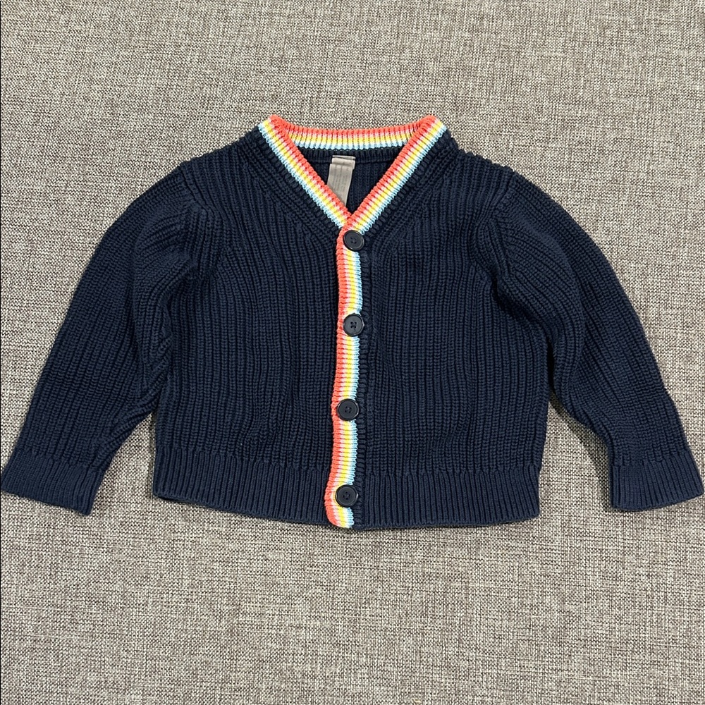 Primark navy kids cardigan with rainbow trim and buttons, size 3T
